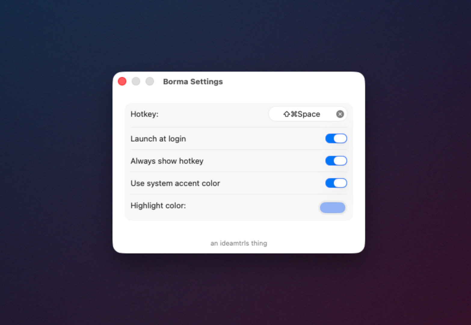 Borma settings window